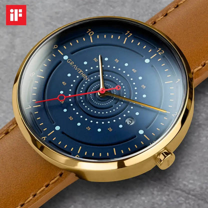 Gravithin Argo - Vista frontale quadrante blu profondo con cinturino in pelle cognac