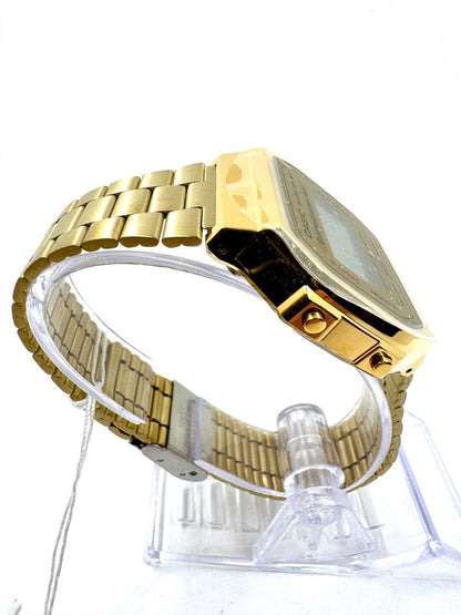 Casio A168WG-9 Vintage Gold — Vista laterale sinistra con pulsanti Light e Mode