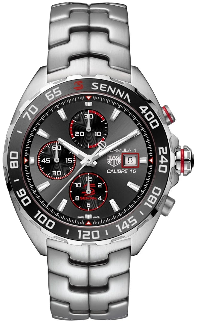 vista frontale del TAG Heuer Formula 1 Calibre 16 Chronograph x Senna