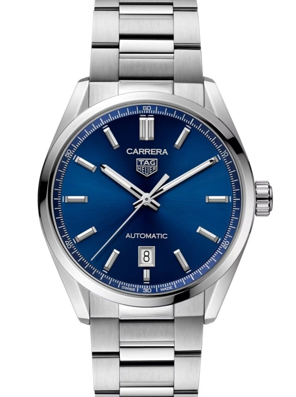 vista frontale TAG Heuer Carrera Date Calibre 5 quadrante blu