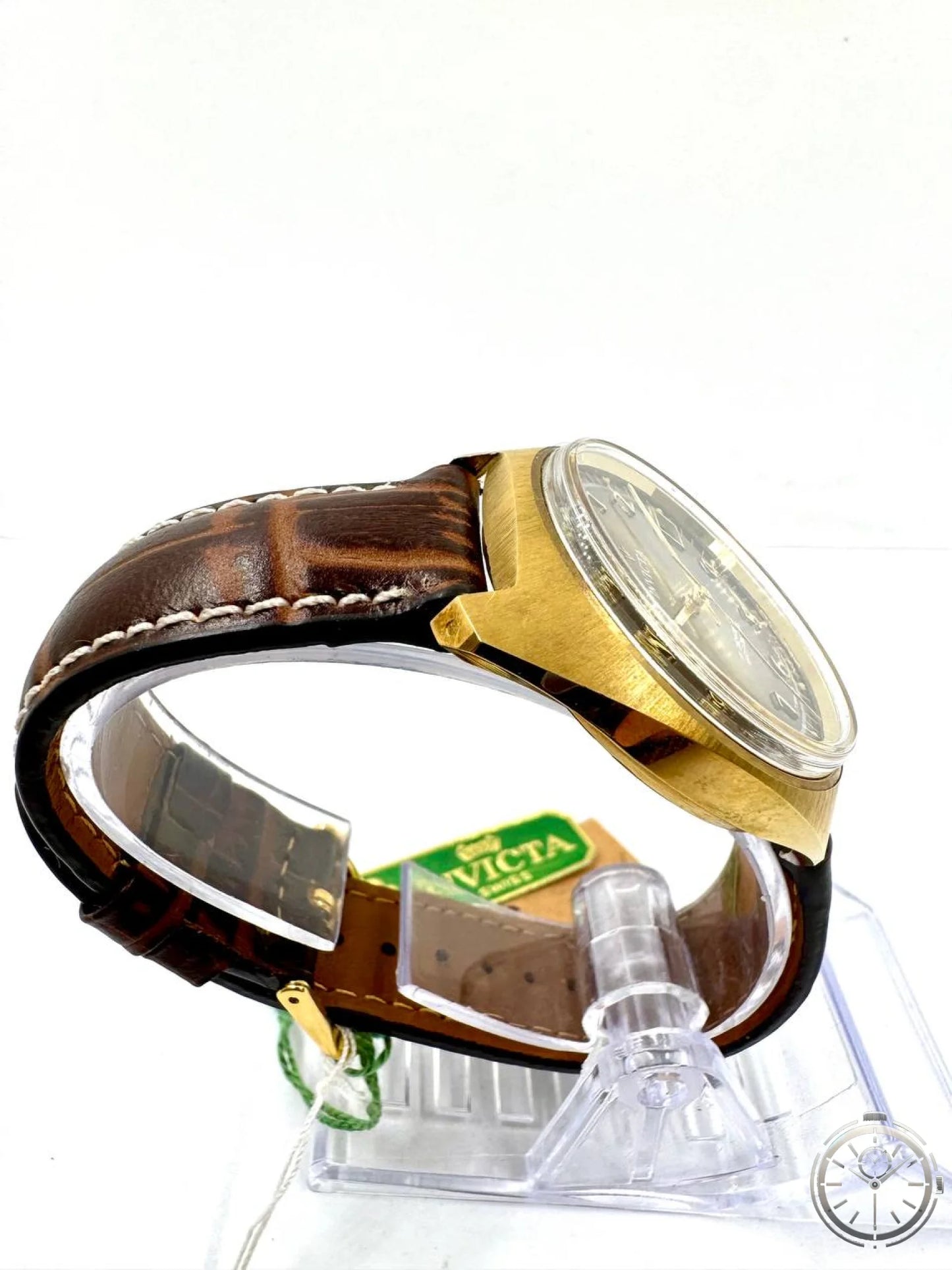 Invicta Swiss Made Carica Manuale 17 Jewels Incabloc — Cassa Bronzo 34mm — Vista laterale destra con corona dorata