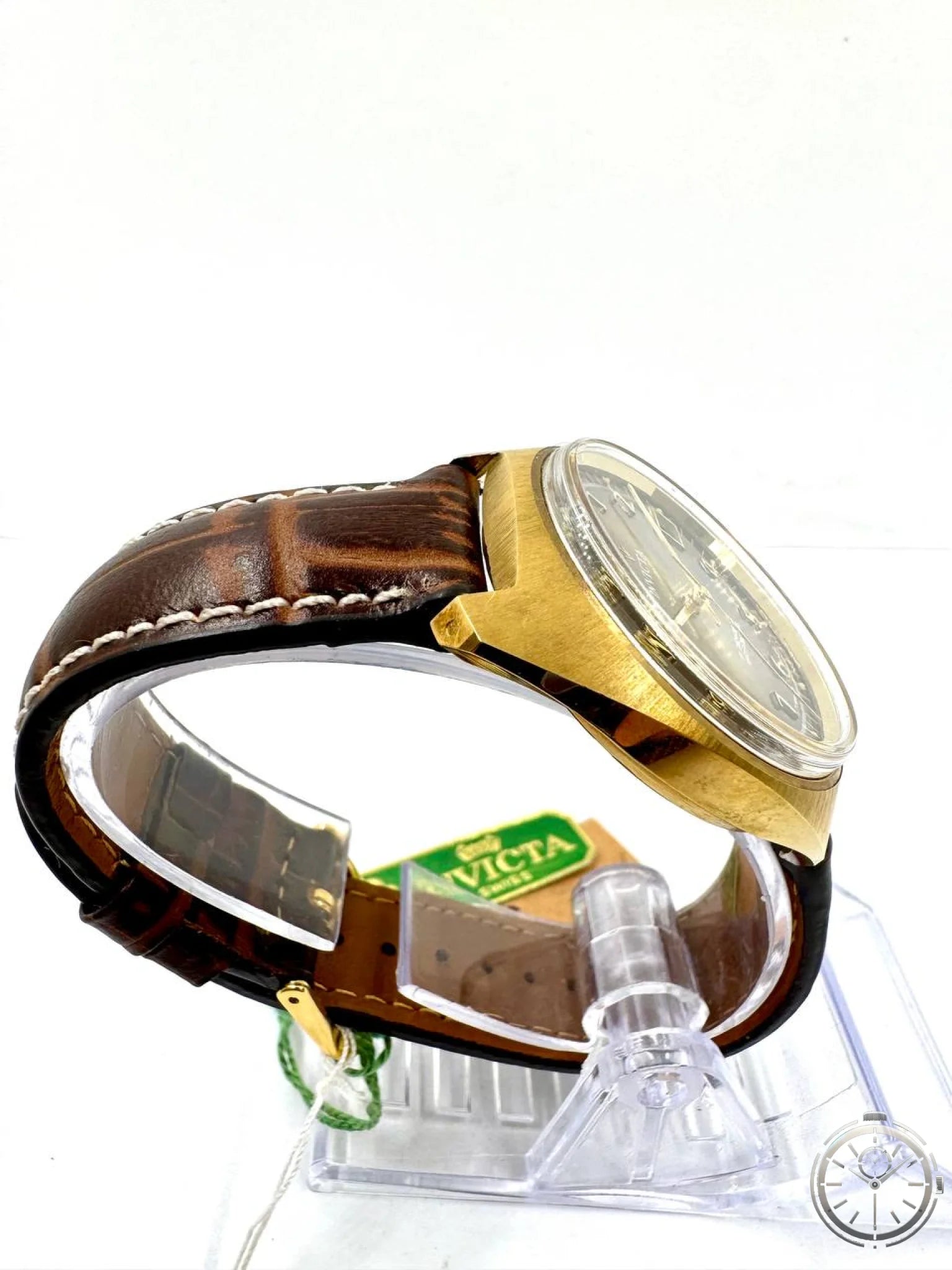 Invicta Swiss Made Carica Manuale 17 Jewels Incabloc — Cassa Bronzo 34mm — Vista laterale destra con corona dorata