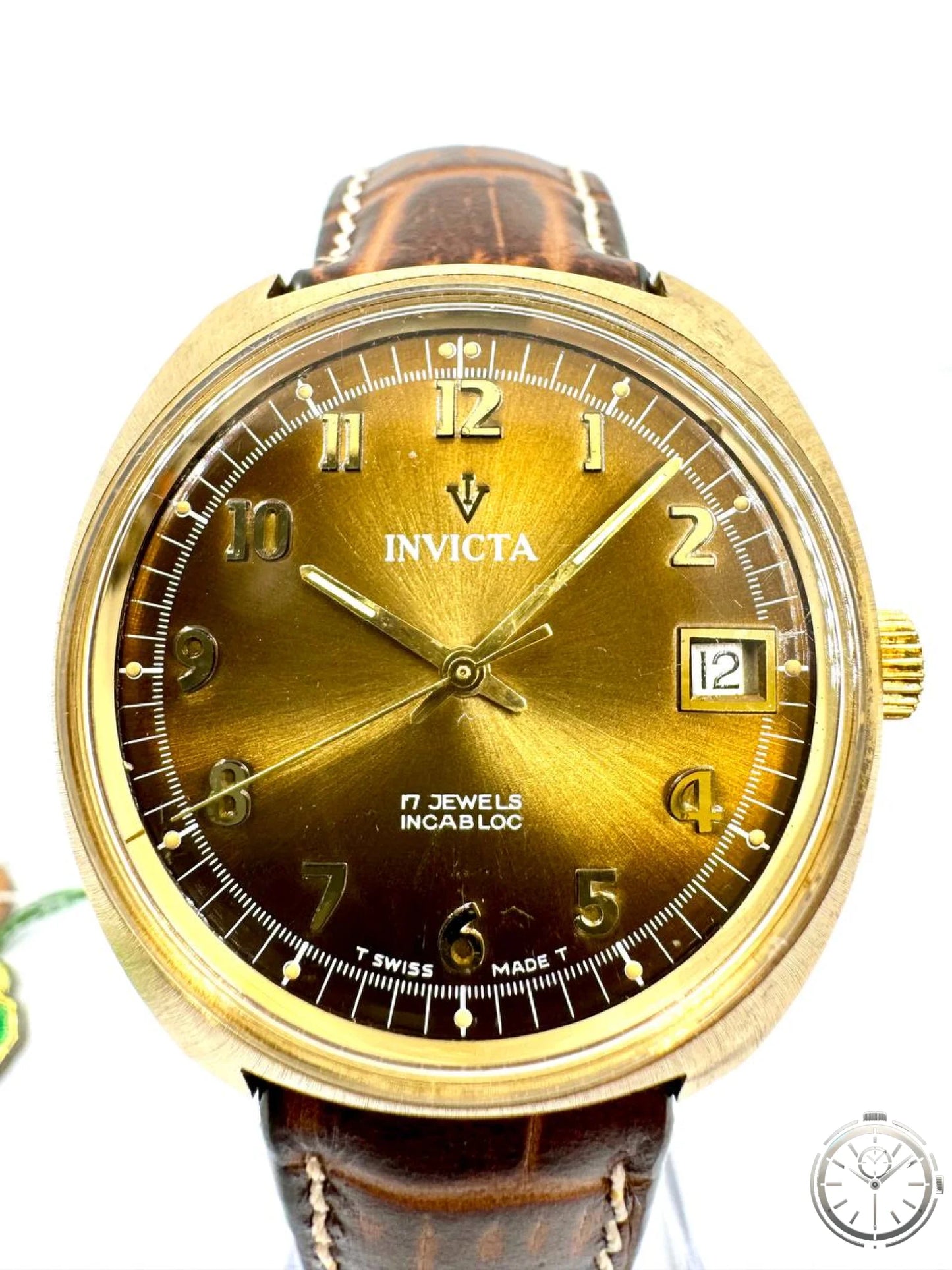 Invicta Swiss Made Carica Manuale 17 Jewels Incabloc — Cassa Bronzo 34mm — Dettaglio quadrante ambra soleil 17 Jewels Incabloc