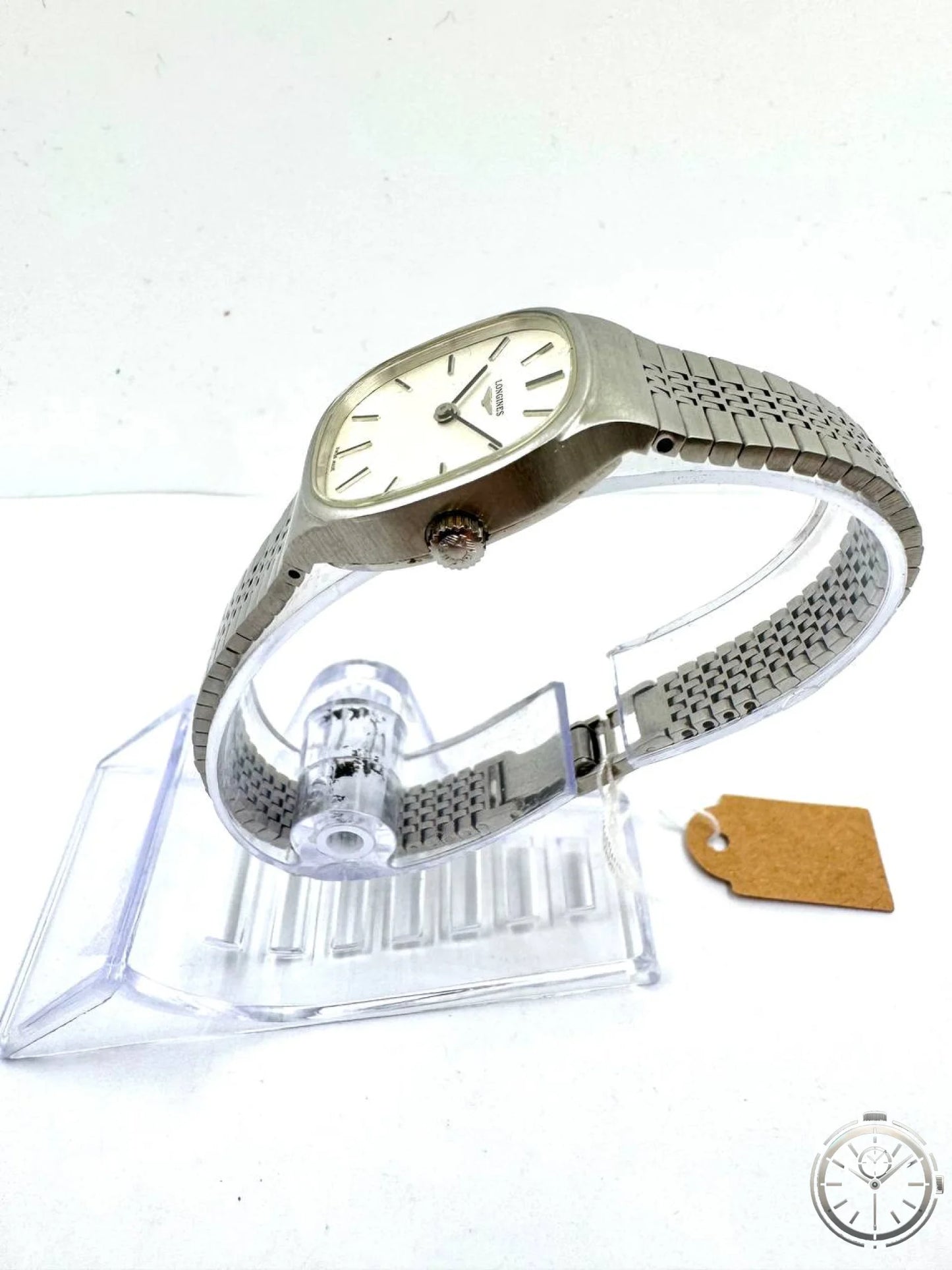 Longines Vintage '70 Donna — Vista laterale con bracciale integrato e chiusura deployante
