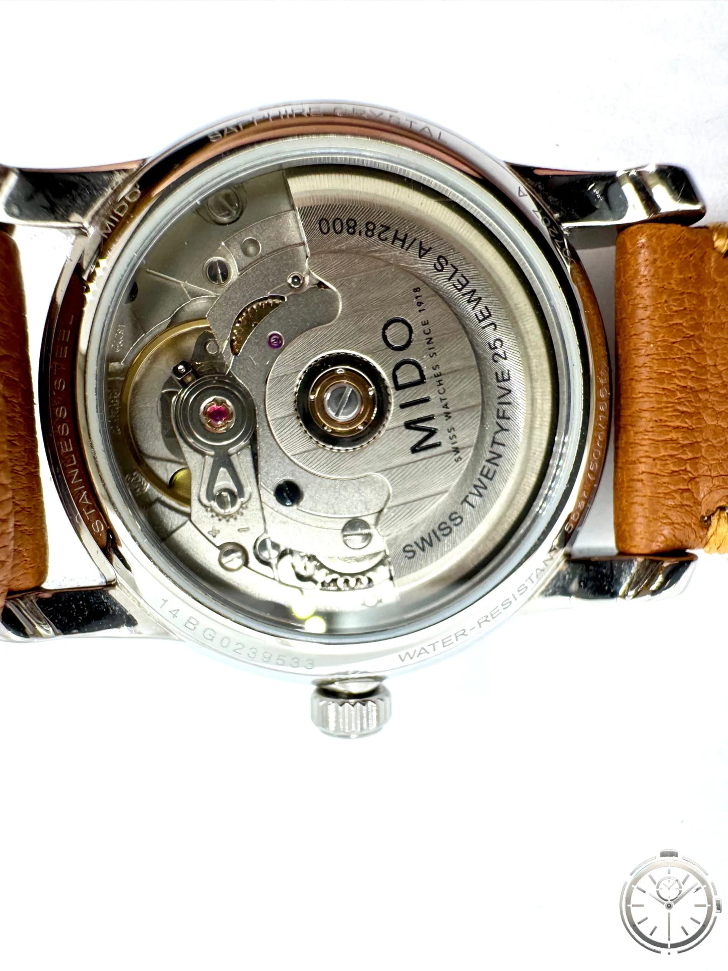 dettaglio fondello con movimento a vista Orologio Mido Baroncelli – Automatico Swiss Made con Diamanti