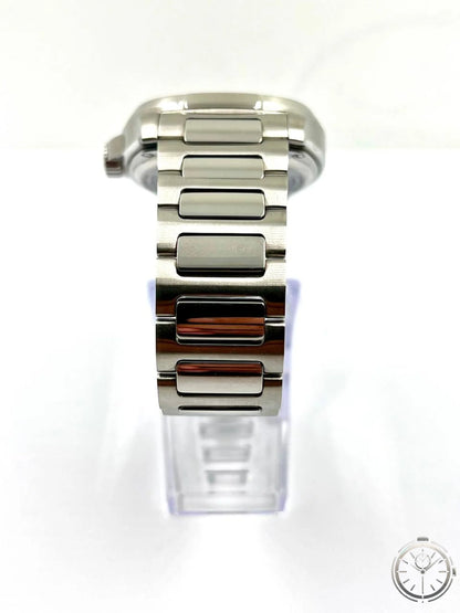Mido Multifort TV Big Date — Vista dal basso bracciale acciaio maglie alternate satinate e lucide