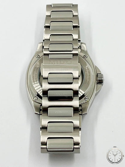 Mido Multifort TV Big Date — Vista posteriore fondello display chiuso con incisioni Sapphire Crystal Water Resistant 100m