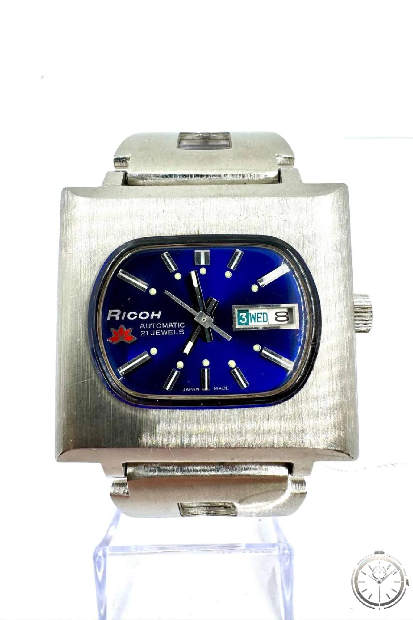 Ricoh Sakura Vintage Automatico — Vista frontale quadrante blu cobalto con bracciale espansione