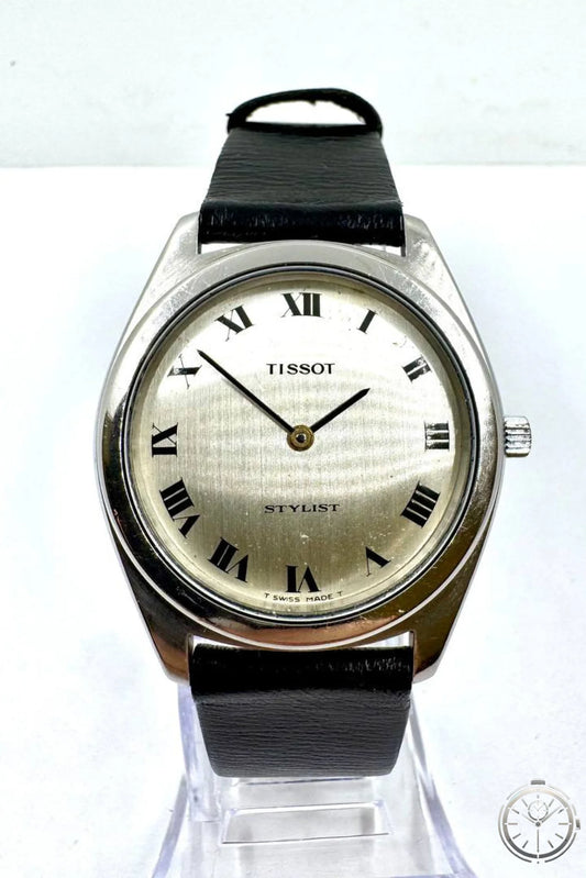 Tissot Stylist Vintage Cal. 791 — Vista frontale quadrante avorio numeri romani con cinturino pelle nera