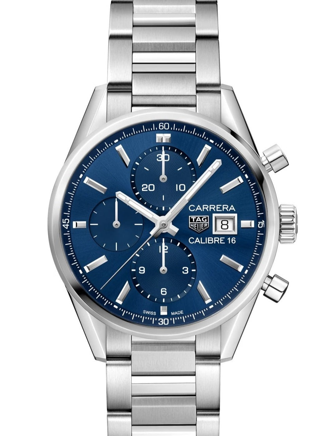 vista frontale TAG Heuer Carrera Calibre 16 Cronografo quadrante blu