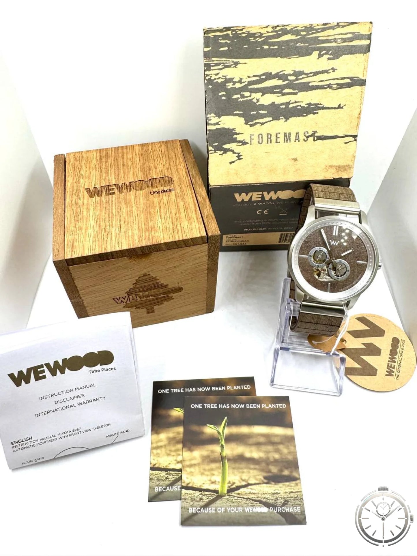 WeWood Foremast Silver Choco — Automatico Miyota 82S7 Skeleton Legno e Acciaio Riciclato — Full set scatola legno documenti garanzia card albero piantato