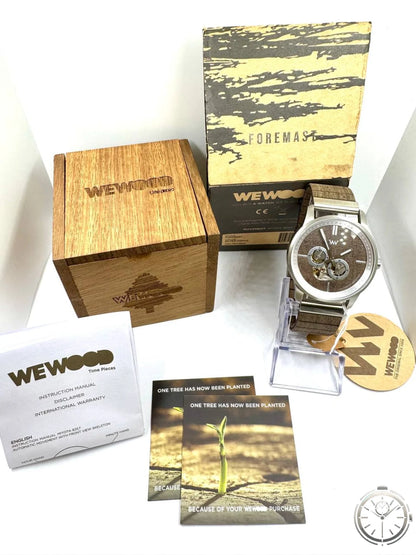 WeWood Foremast Silver Choco — Automatico Miyota 82S7 Skeleton Legno e Acciaio Riciclato — Full set scatola legno documenti garanzia card albero piantato