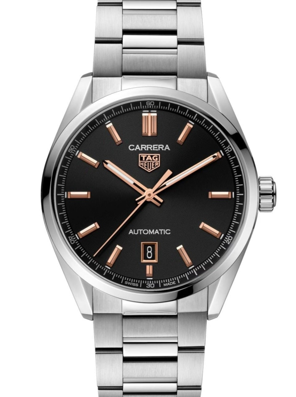 vista frontale TAG Heuer Carrera Date Calibre 5 quadrante nero indici bronzo